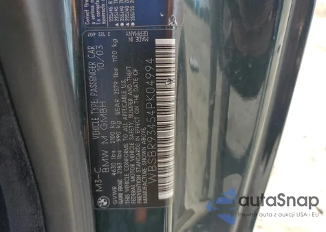 2004 BMW M3 from USA, damaged, VIN WBSBR93454PK04994